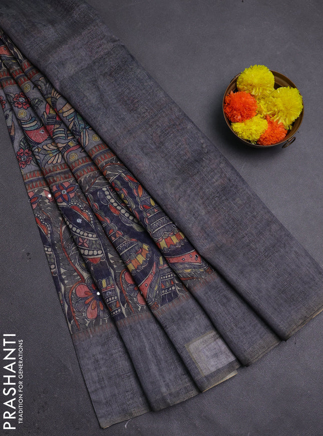 Grey Semi Linen Saree - Madhubani Prints