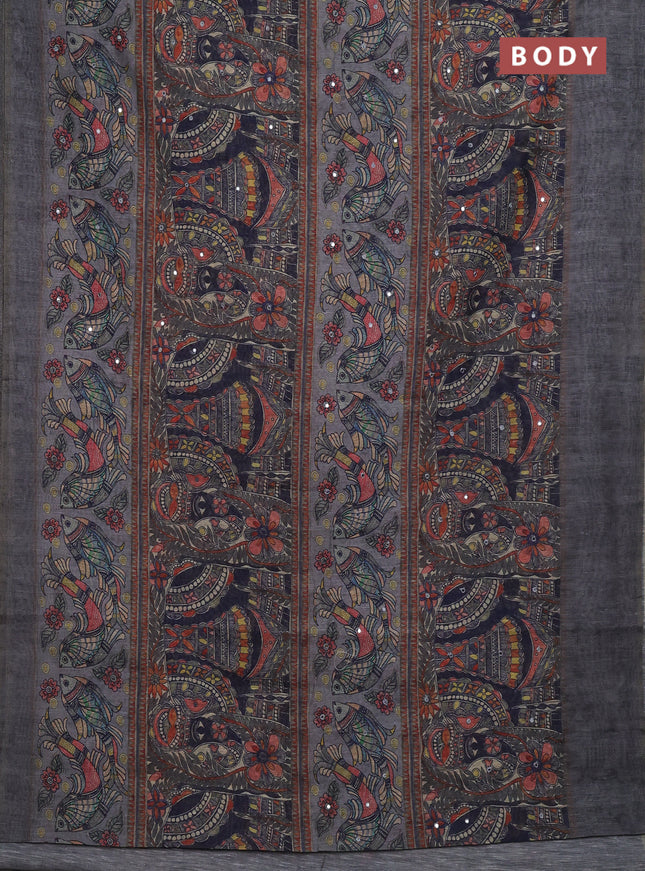 Grey Semi Linen Saree - Madhubani Prints