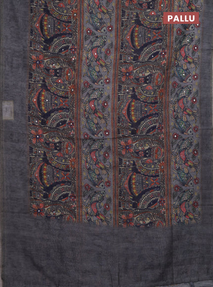 Grey Semi Linen Saree - Madhubani Prints