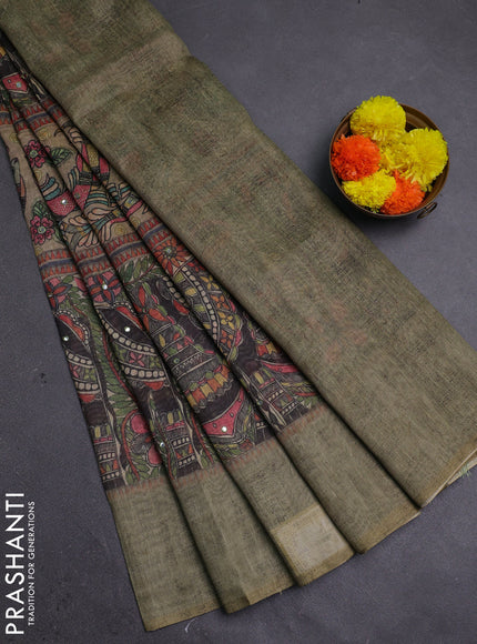 Green Semi Linen Saree - Madhubani Prints