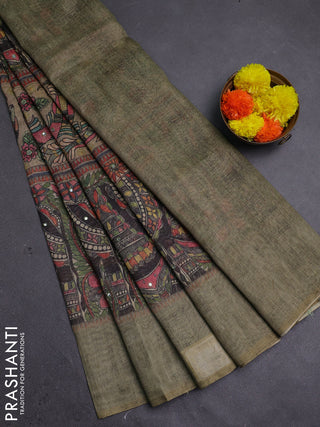 Green Semi Linen Saree - Madhubani Prints