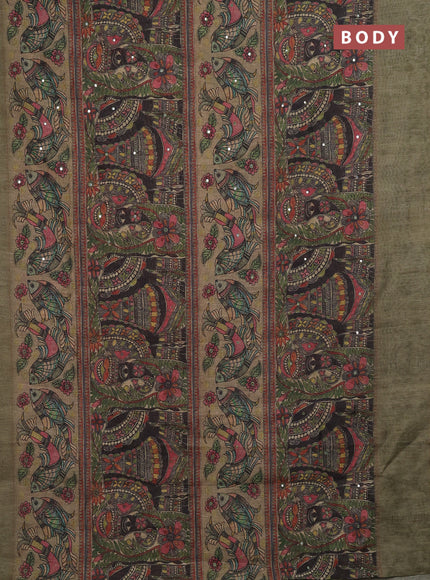 Green Semi Linen Saree - Madhubani Prints