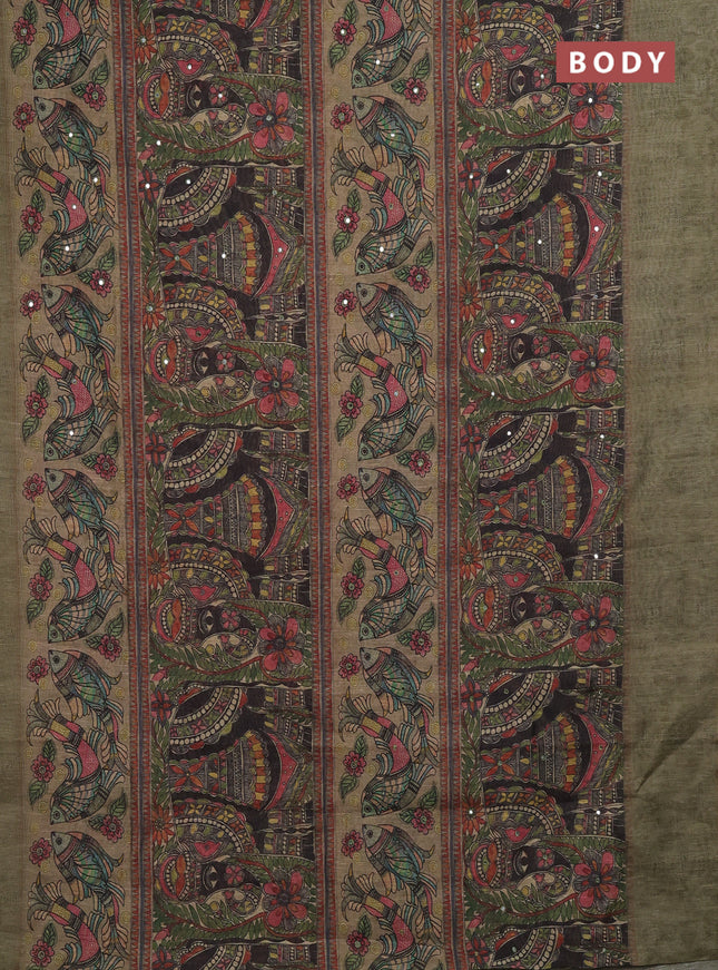 Green Semi Linen Saree - Madhubani Prints
