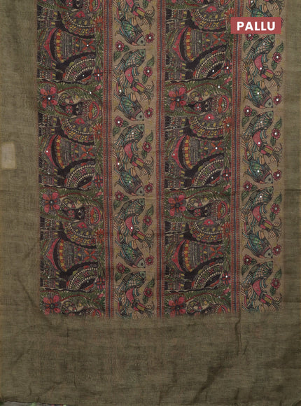Green Semi Linen Saree - Madhubani Prints