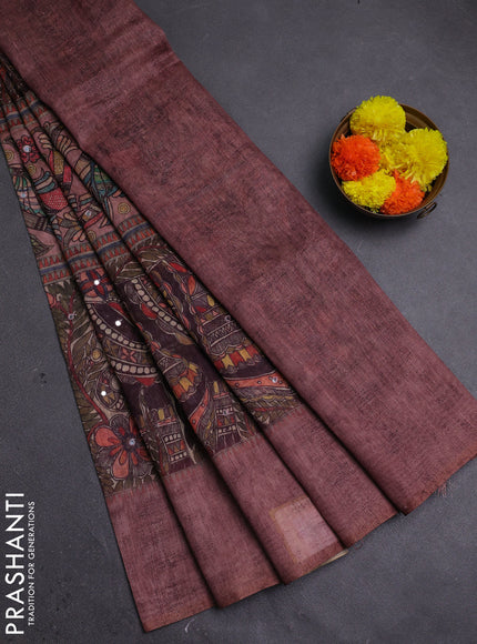 Pastel Brown Semi Linen Saree - Madhubani Prints