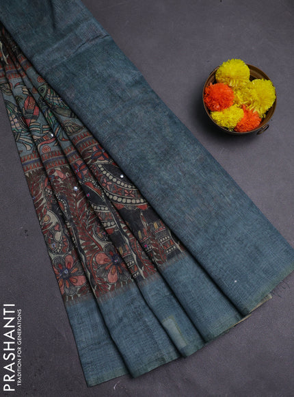 Pastel Blue Semi Linen Saree - Madhubani Prints