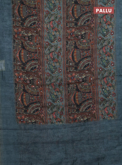 Pastel Blue Semi Linen Saree - Madhubani Prints