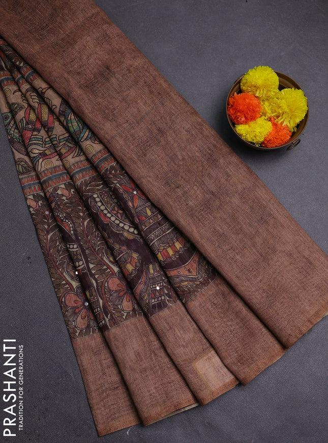 Beige Semi Linen Saree - Madhubani Prints