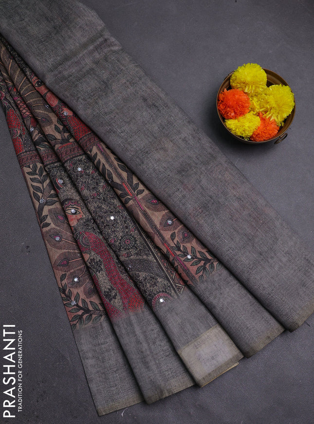 Grey Semi Linen Saree - Madhubani Prints