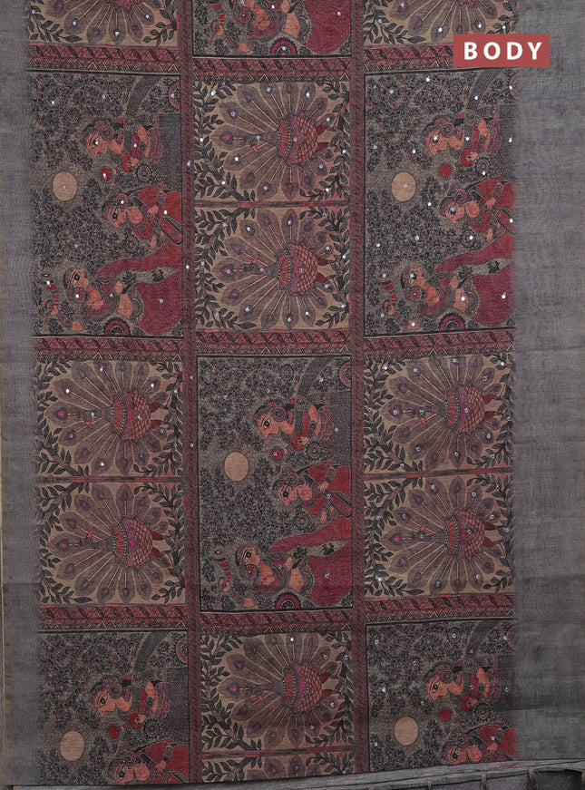 Grey Semi Linen Saree - Madhubani Prints