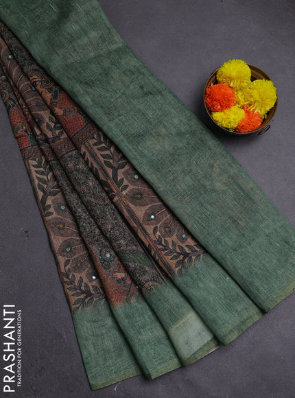 Green Semi Linen Saree - Madhubani Prints
