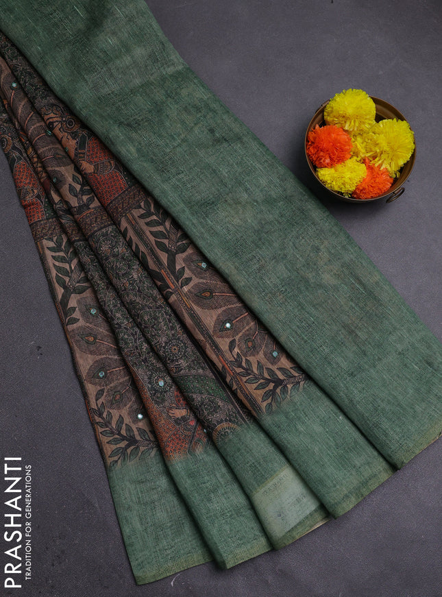 Green Semi Linen Saree - Madhubani Prints