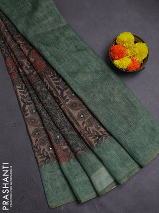 Green Semi Linen Saree - Madhubani Prints