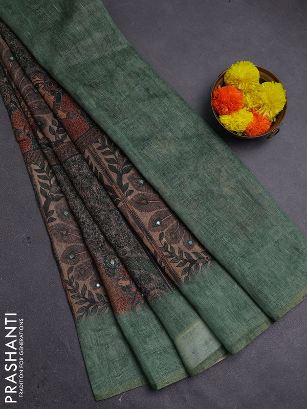 Green Semi Linen Saree - Madhubani Prints