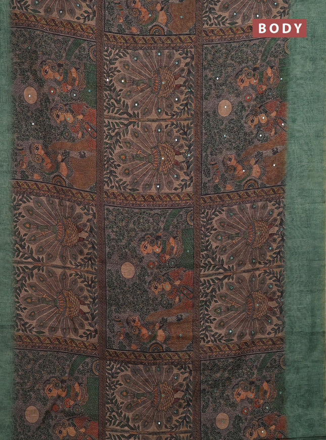 Green Semi Linen Saree - Madhubani Prints