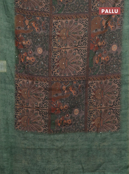 Green Semi Linen Saree - Madhubani Prints