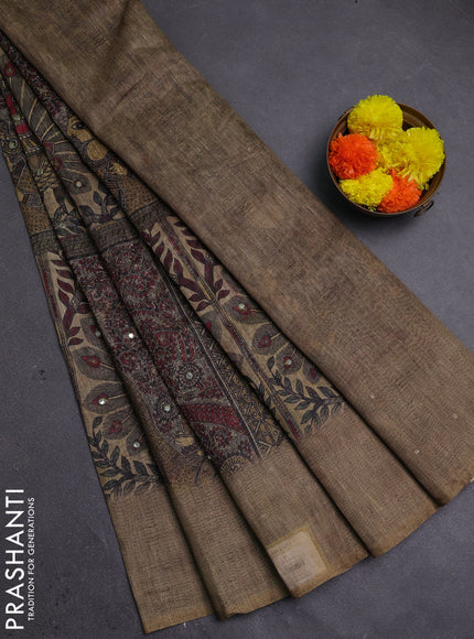 Olive Green Semi Linen Saree - Madhubani Prints