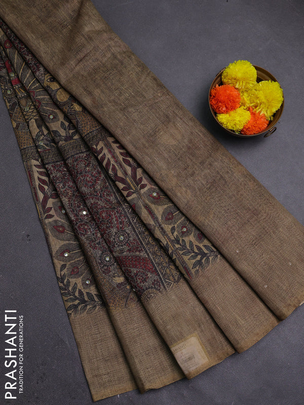Olive Green Semi Linen Saree - Madhubani Prints