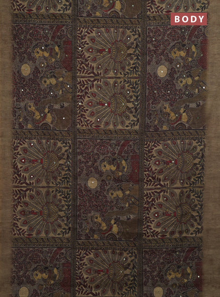Olive Green Semi Linen Saree - Madhubani Prints