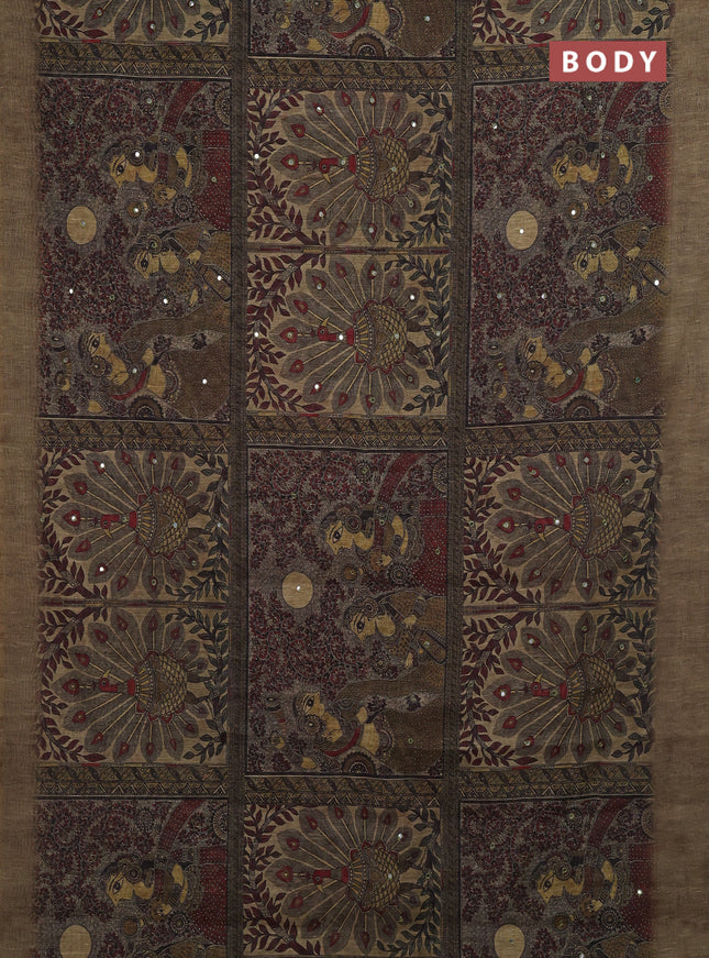 Olive Green Semi Linen Saree - Madhubani Prints