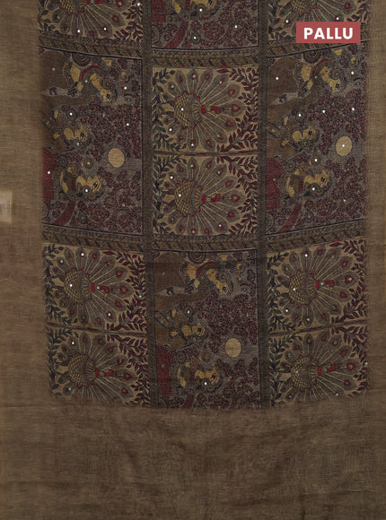 Olive Green Semi Linen Saree - Madhubani Prints