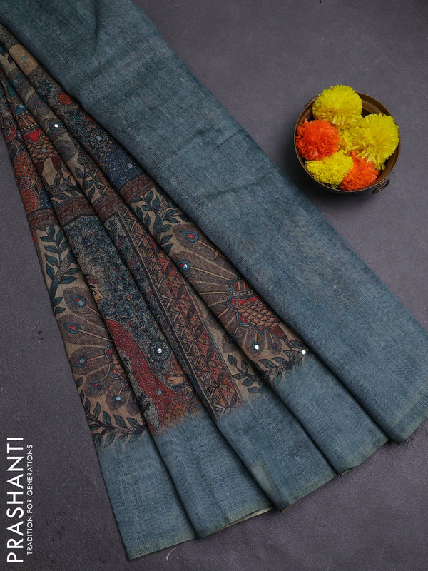Pastel Blue Semi Linen Saree - Madhubani Prints