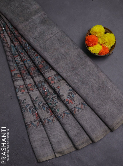 Grey Semi Linen Saree - Madhubani Prints