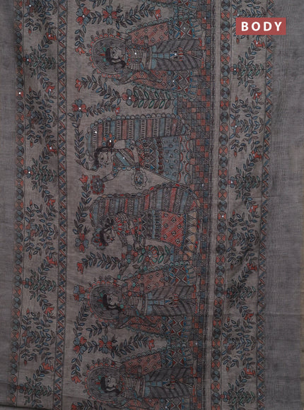 Grey Semi Linen Saree - Madhubani Prints
