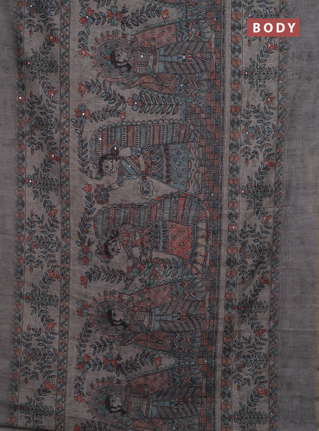 Grey Semi Linen Saree - Madhubani Prints