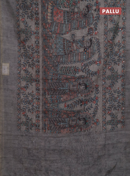 Grey Semi Linen Saree - Madhubani Prints