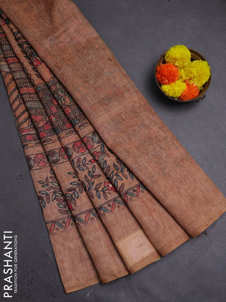 Pale Orange Semi Linen Saree - Madhubani Prints