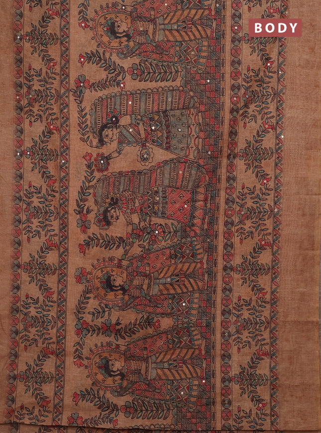Pale Orange Semi Linen Saree - Madhubani Prints