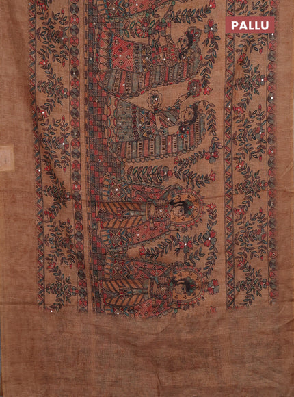 Pale Orange Semi Linen Saree - Madhubani Prints