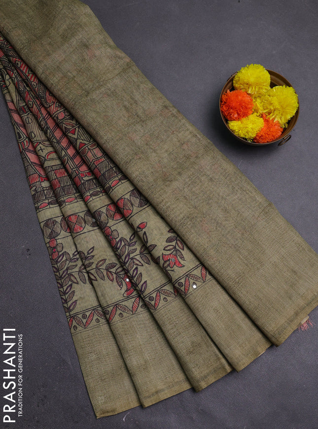 Pista Green Semi Linen Saree - Madhubani Prints