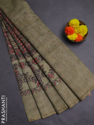 Pista Green Semi Linen Saree - Madhubani Prints