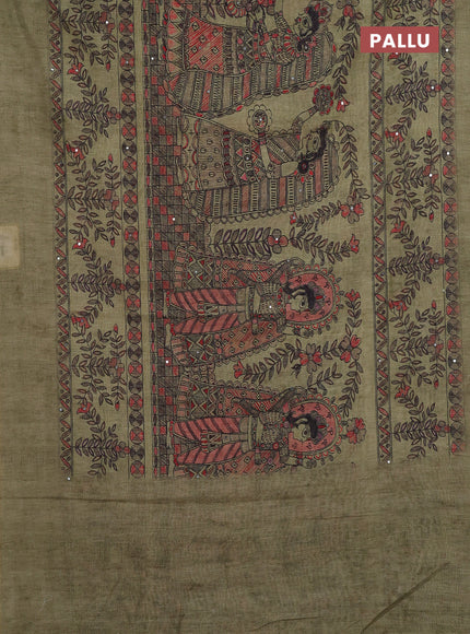 Pista Green Semi Linen Saree - Madhubani Prints