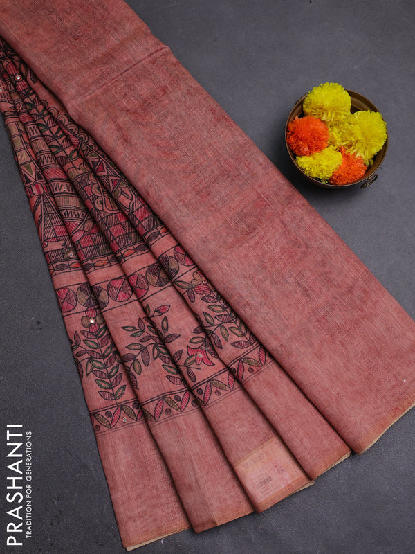 Peach Semi Linen Saree - Madhubani Prints