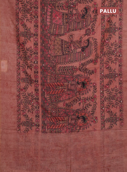 Peach Semi Linen Saree - Madhubani Prints