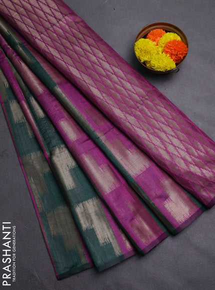 Green & Magenta Pink Semi Dupion Saree