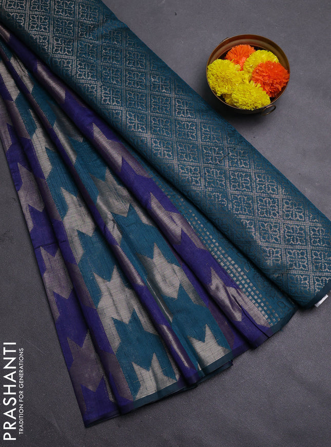 Navy Blue & Peacock Green Semi Dupion Saree