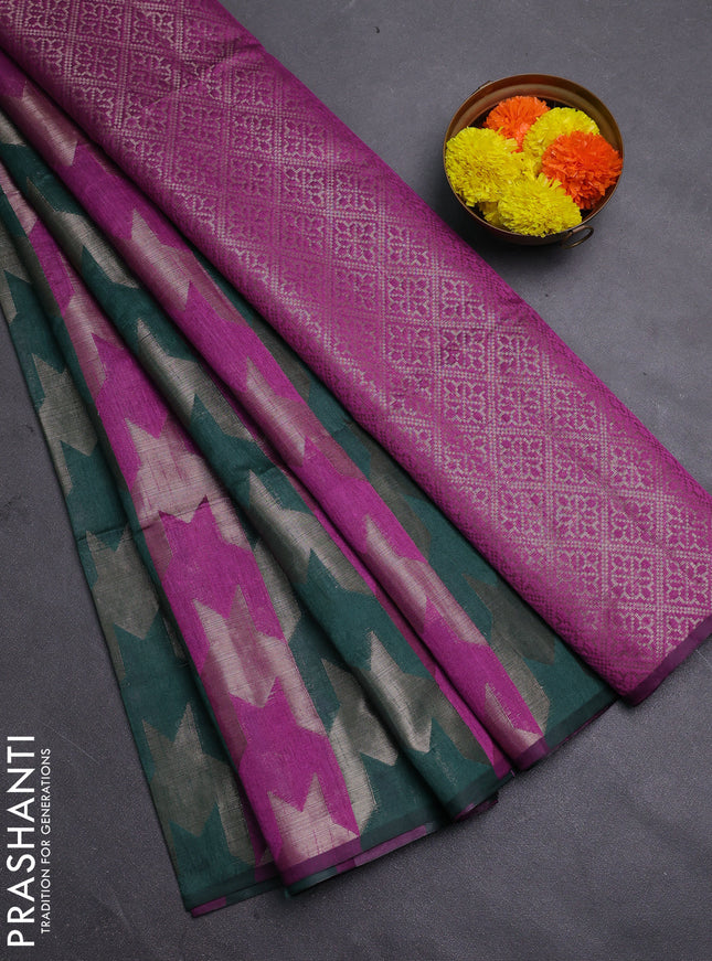 Green & Magenta Pink Semi Dupion Saree