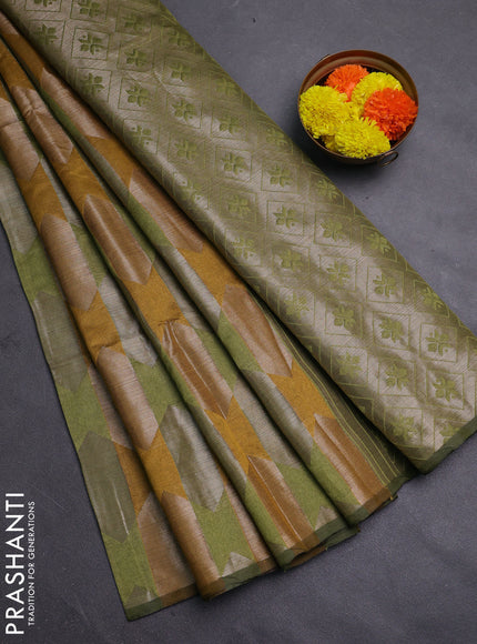 Mustard Yellow & Green Semi Dupion Saree