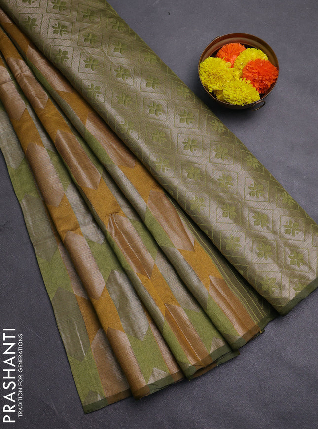 Mustard Yellow & Green Semi Dupion Saree