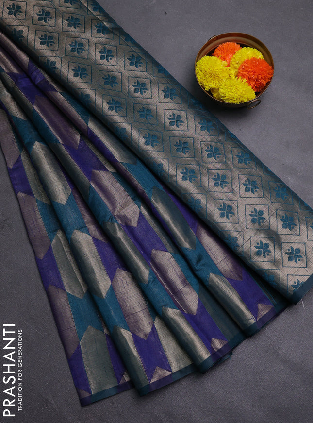 Navy Blue & Peacock Green Semi Dupion Saree
