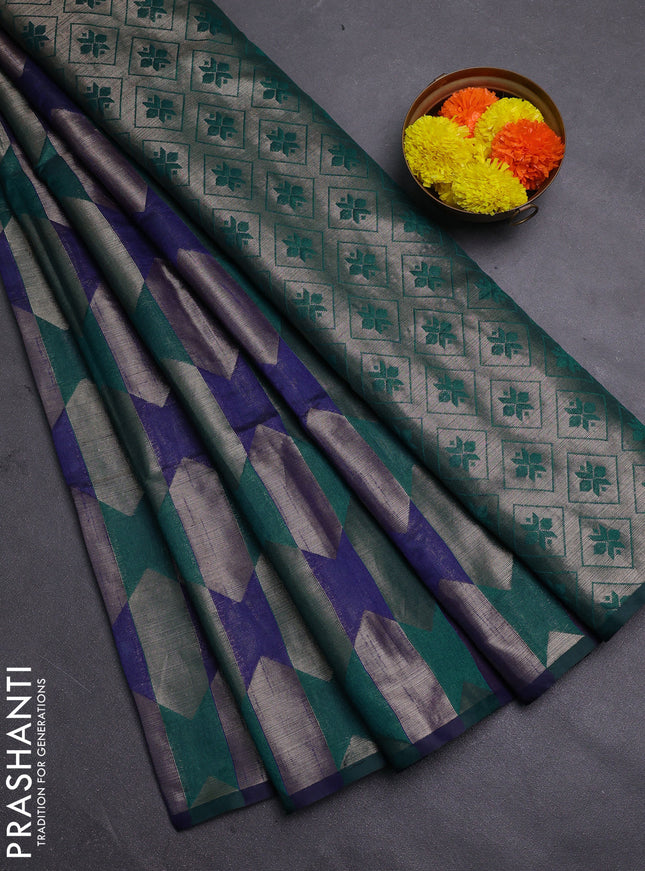 Navy Blue & Peacock Green Semi Dupion Saree