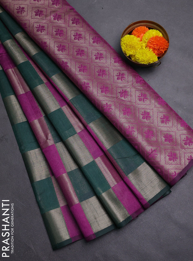 Green & Magenta Pink Semi Dupion Saree