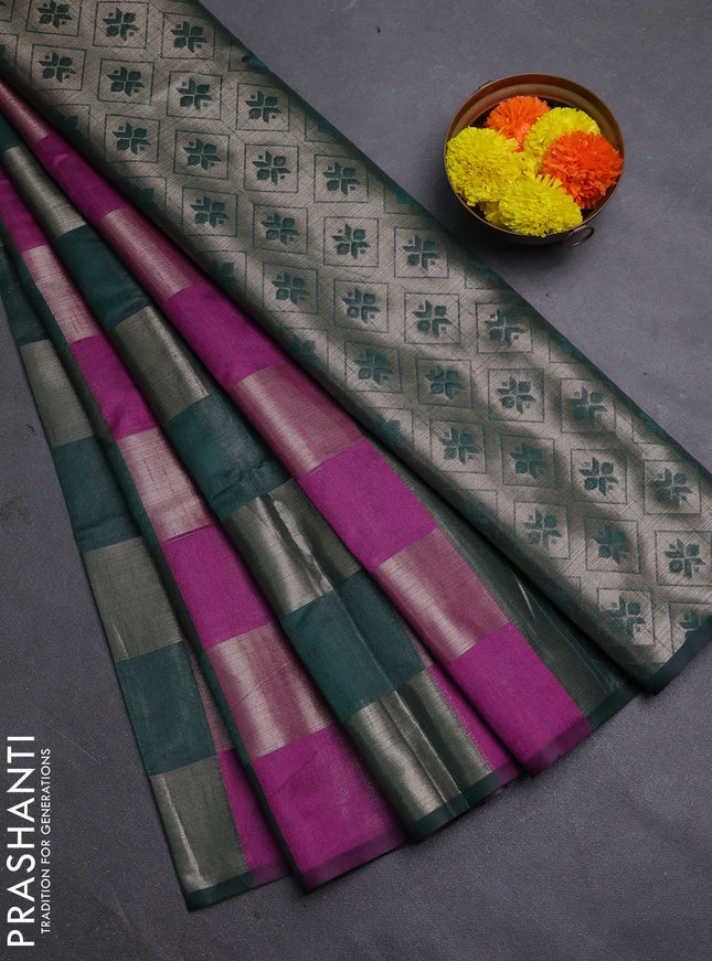 Bottle Green & Magenta Pink Semi Dupion Saree