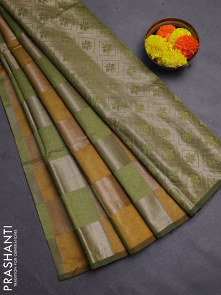 Mustard Yellow & Green Semi Dupion Saree