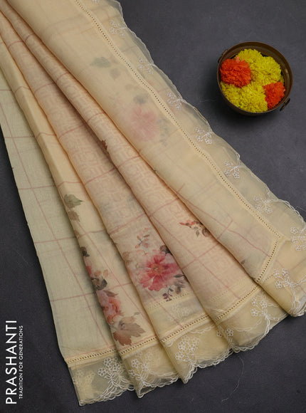 Pale Yellow Mul Cotton - Organza Border