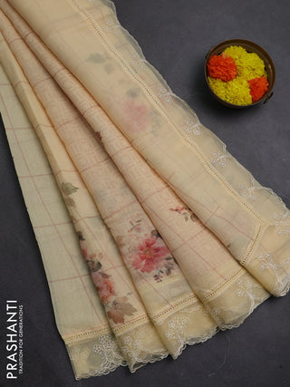 Pale Yellow Mul Cotton - Organza Border